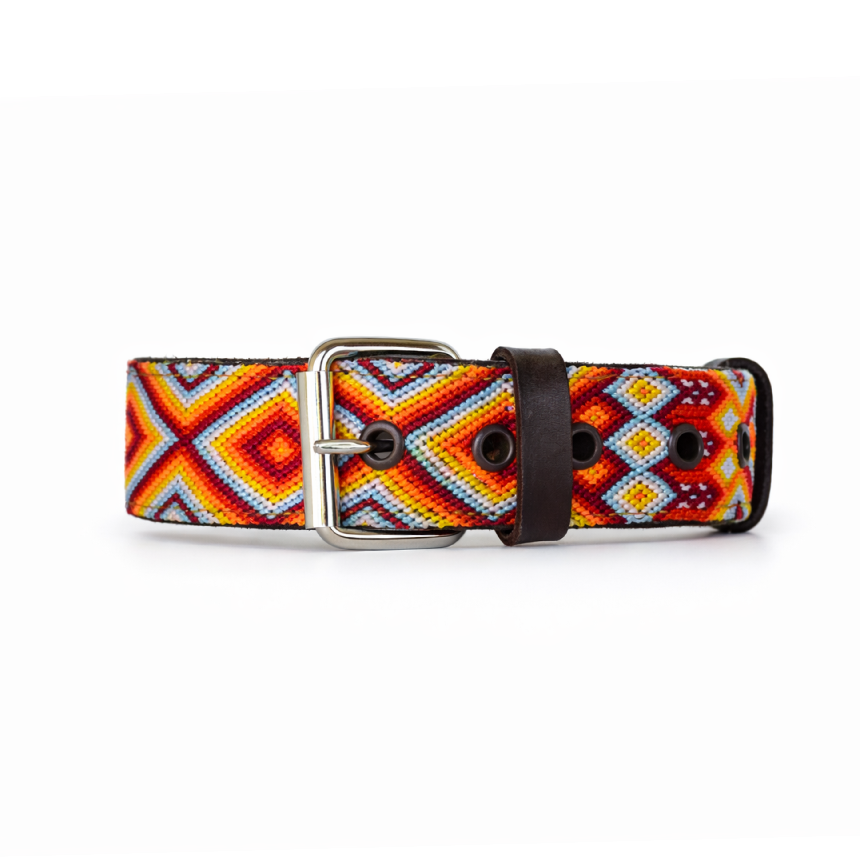 Colorful patterned belt with a metal buckle on a white background