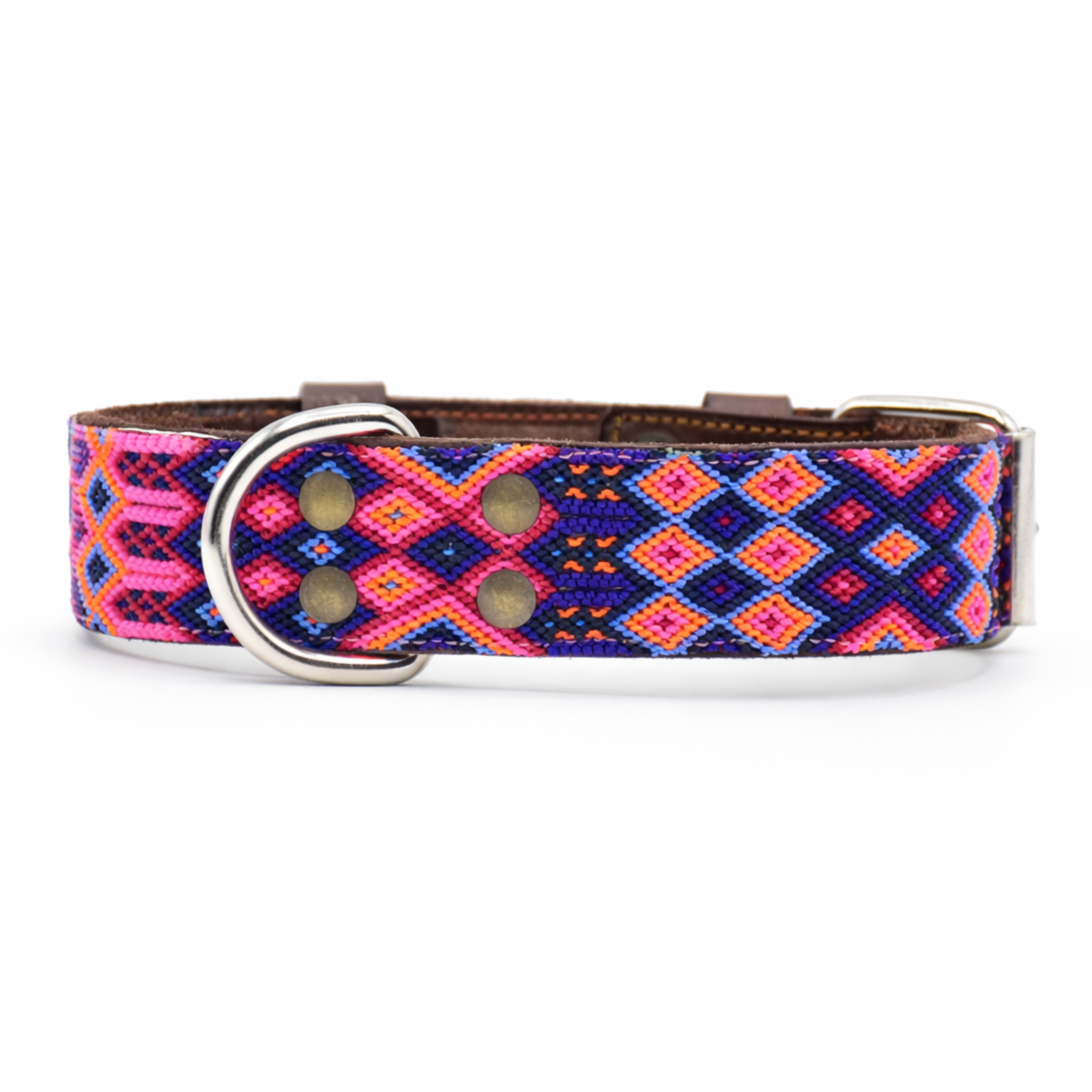 Colorful dog collar with geometric pattern on a white background