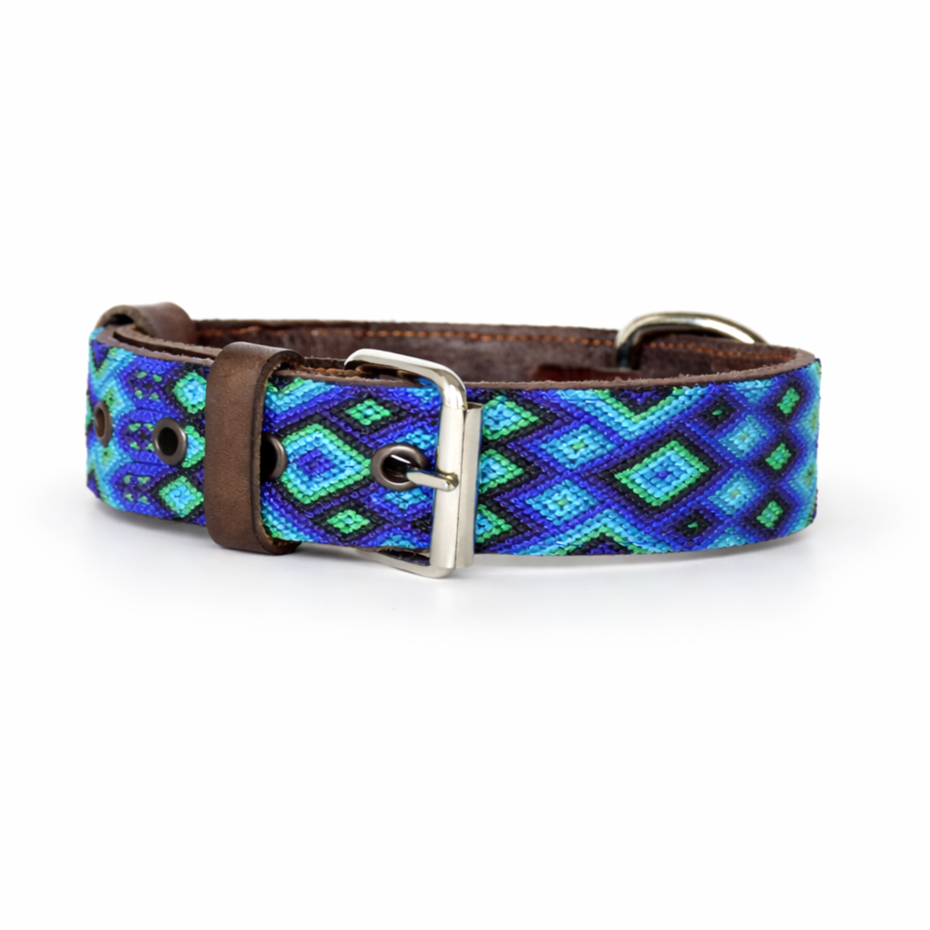 Dog collar with blue and green pattern on a white background