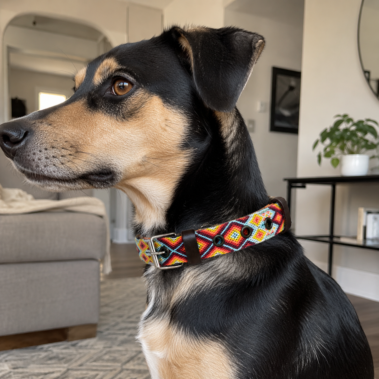 A black and tan dog wearing a colorful geometric patterned collar, shown in a close-up profile portrait in a modern living room setting.