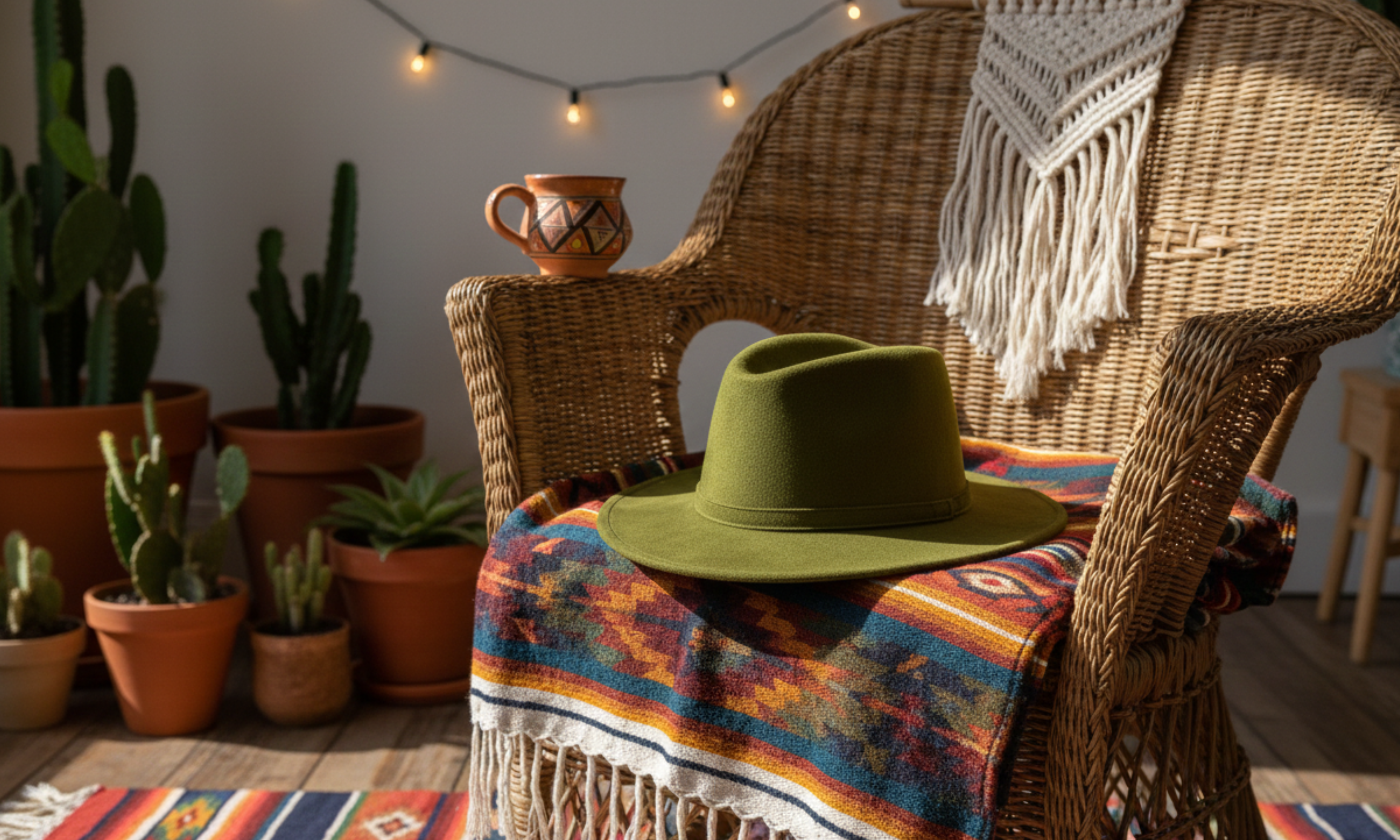 Wicker chair with a green hat and colorful blanket, surrounded by potted plants and string lights.
