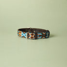 A woven leather dog collar with a geometric pattern in turquoise, orange, brown, and black, featuring a silver metal buckle, displayed on a solid sage green background.